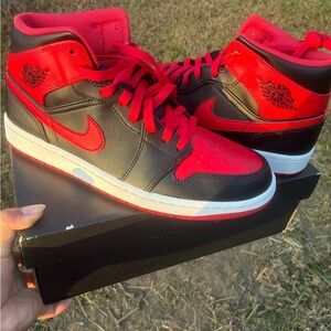 Nike Air Jordan 1 Mid Men's Black and Red High-Top Sneakers
